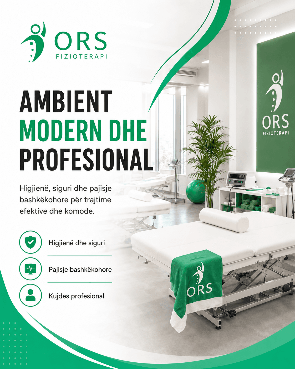 Ambienti modern dhe higjienik i klinikës ORS me shtretër dhe pajisje fizioterapie.