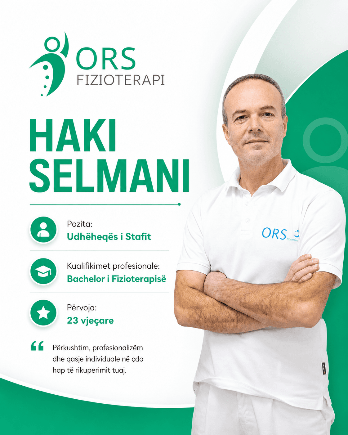 Haki Selmani, udhëheqës i stafit në ORS Fizioterapi.