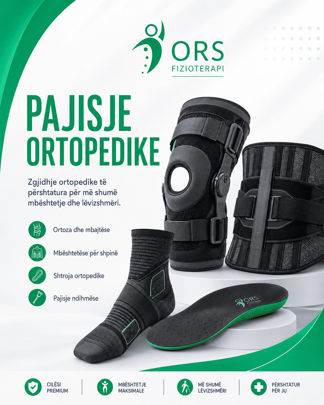 Pajisje ortopedike — ortozë për gju, mbështetëse për shpinë, çorape dhe shtroja ortopedike.