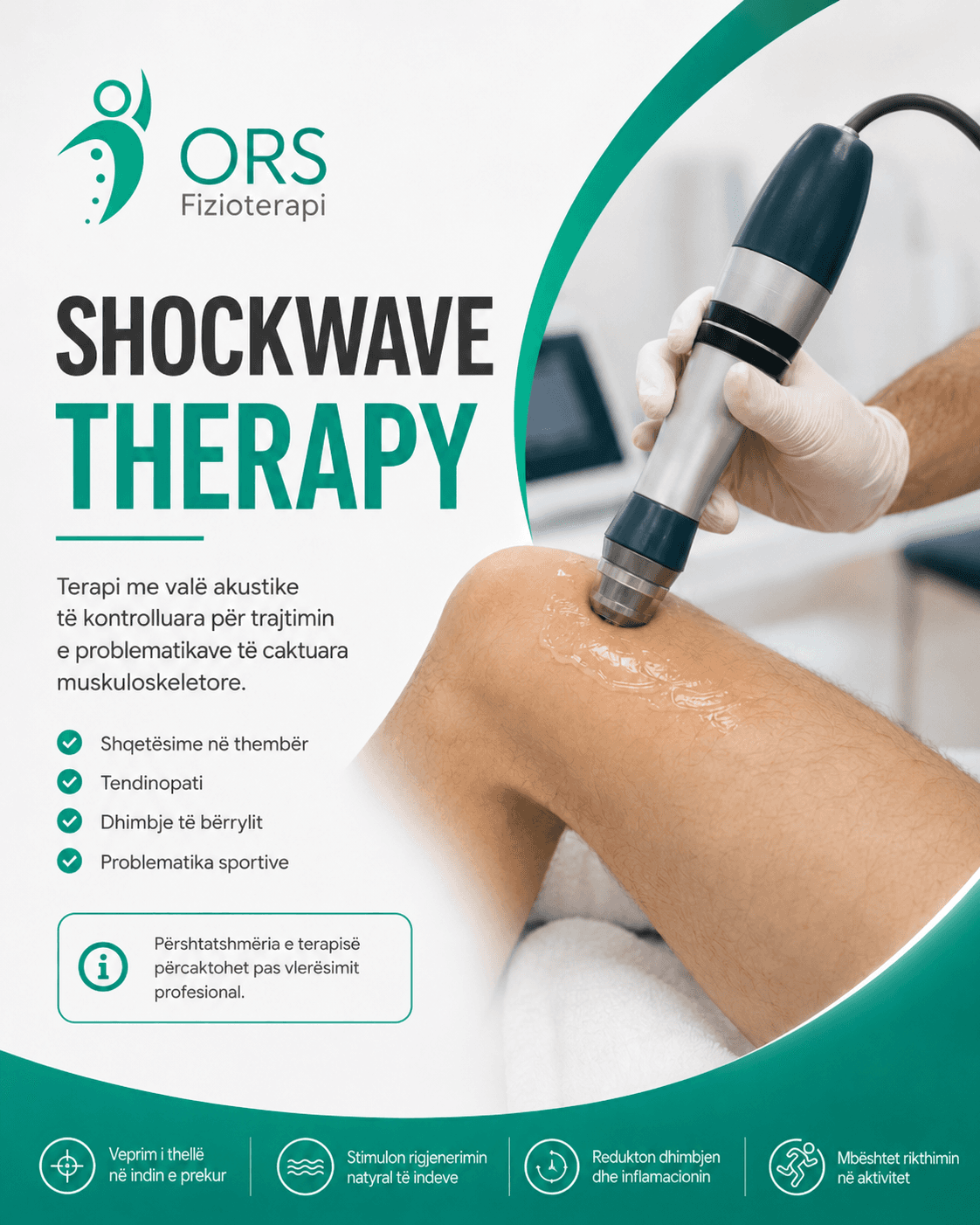 Terapist duke aplikuar shockwave therapy me valë akustike në gjurin e një pacienti.